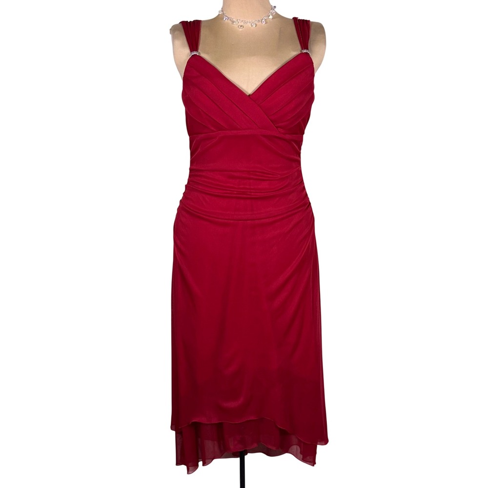 Scarlett Nite Midi Dress 8 Red Vtg Y2K Sheer Overlay Rhinestone Ruched Hoco